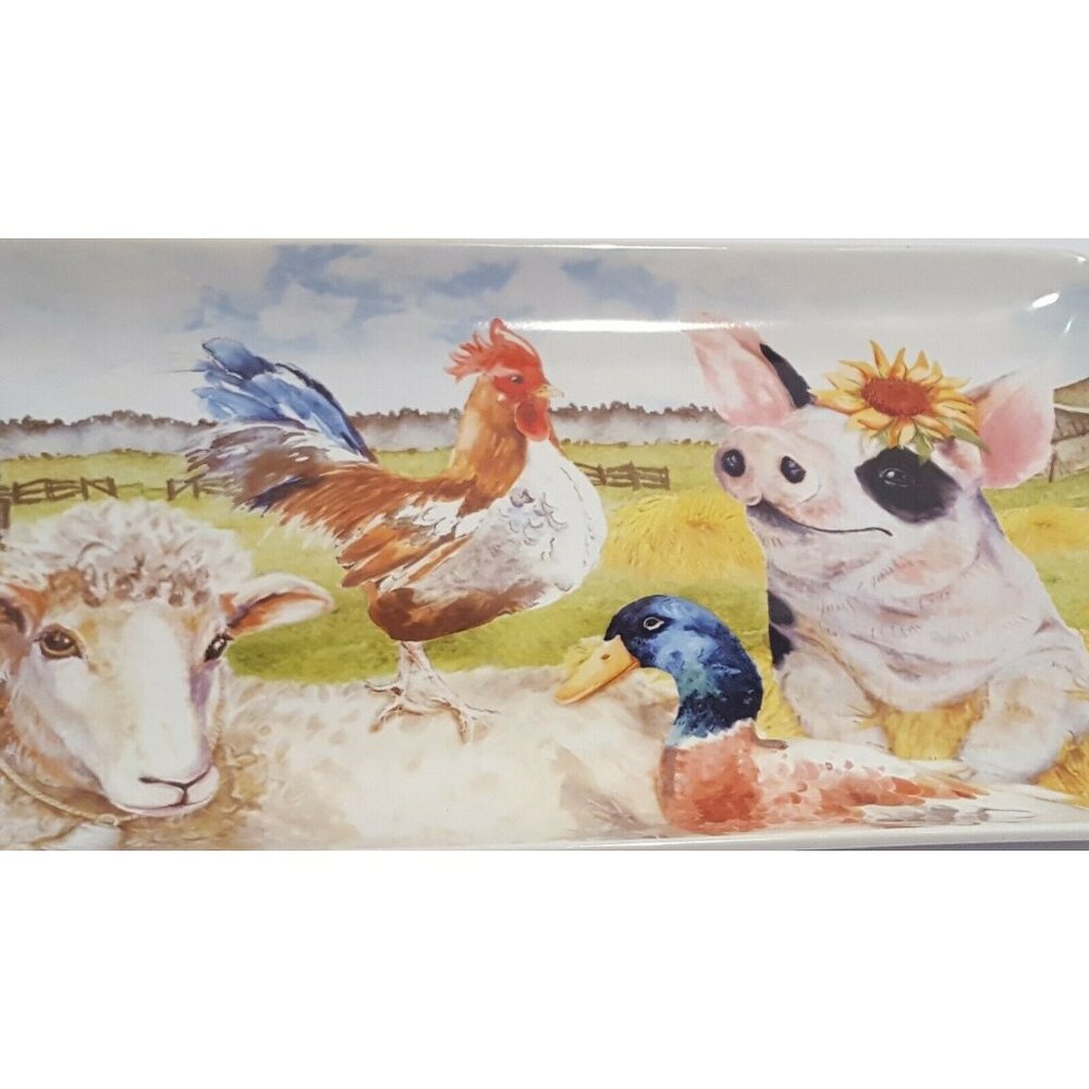 Pier 1 Imports Rectangle Plate Serving Tray Platter Stoneware 14x7" Farm Animals